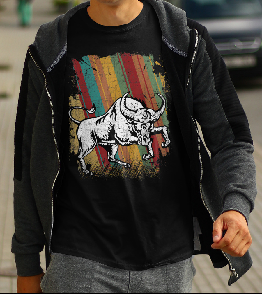 Retro Distressed Grunge Buffalo With Vintage Color Stripes T-Shirt