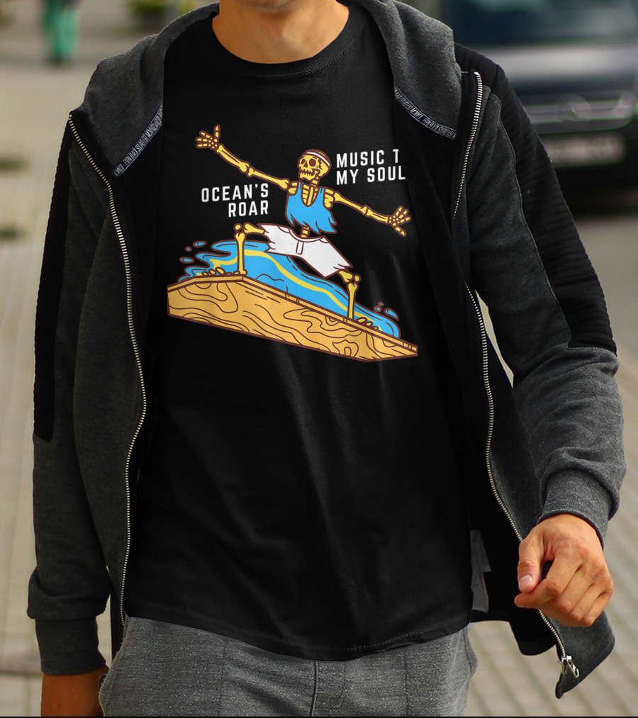 Ocean's Roar Surfing Skeleton Music To My Soul Summer T-Shirt