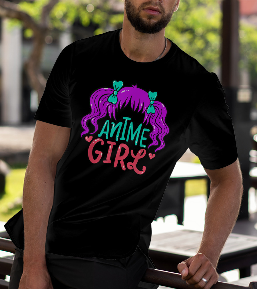 Anime Girl Purple Hair With Green Bows And Hearts T-Shirt
