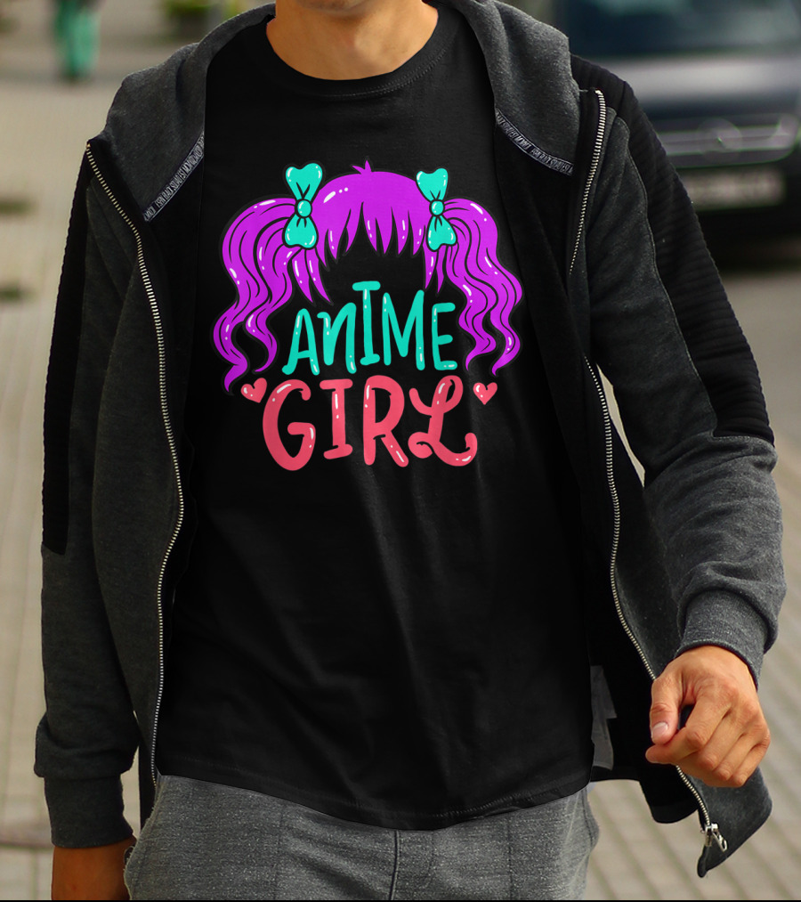 Anime Girl Purple Hair With Green Bows And Hearts T-Shirt