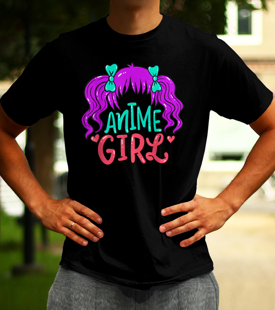 Anime Girl Purple Hair With Green Bows And Hearts T-Shirt