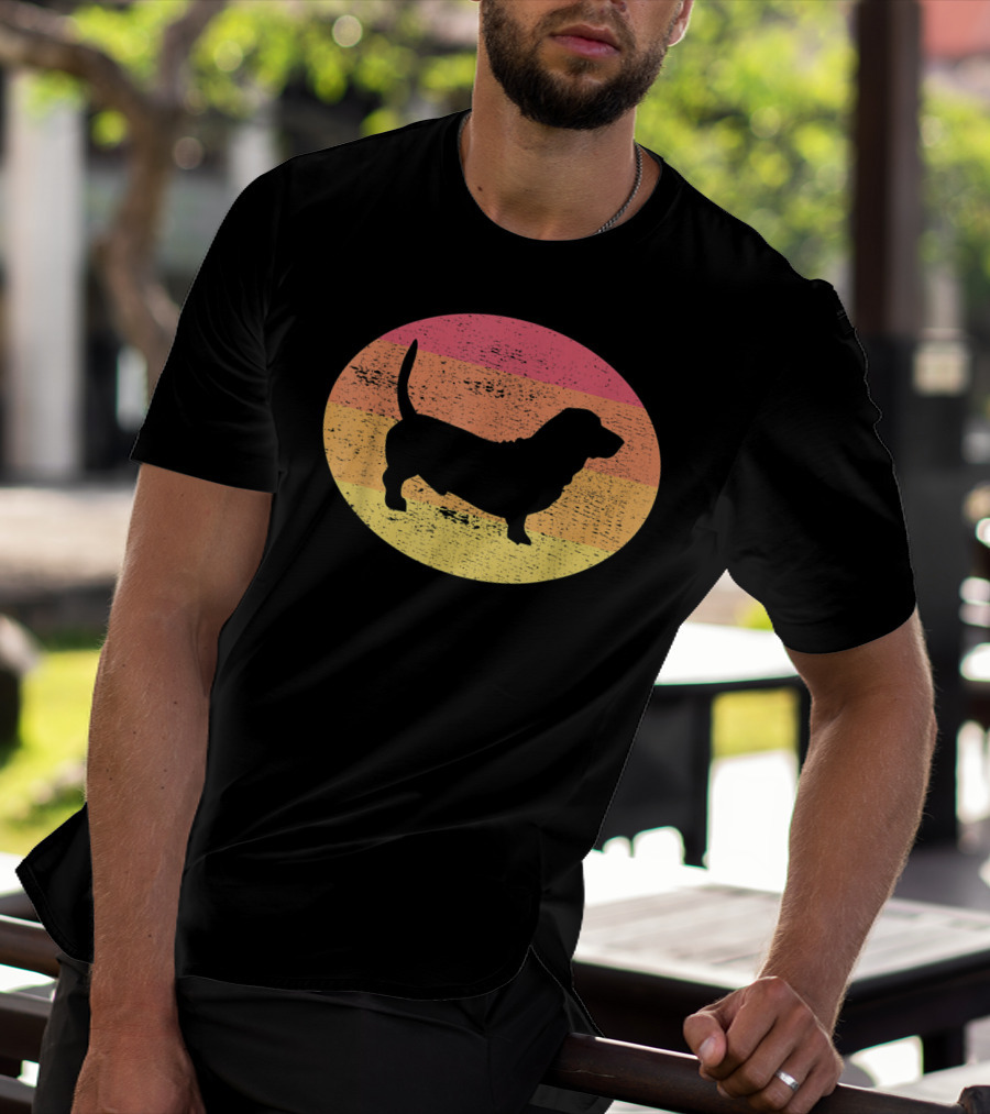 Basset Hound Silhouette Retro Vintage Dog Sunset Oval T-Shirt