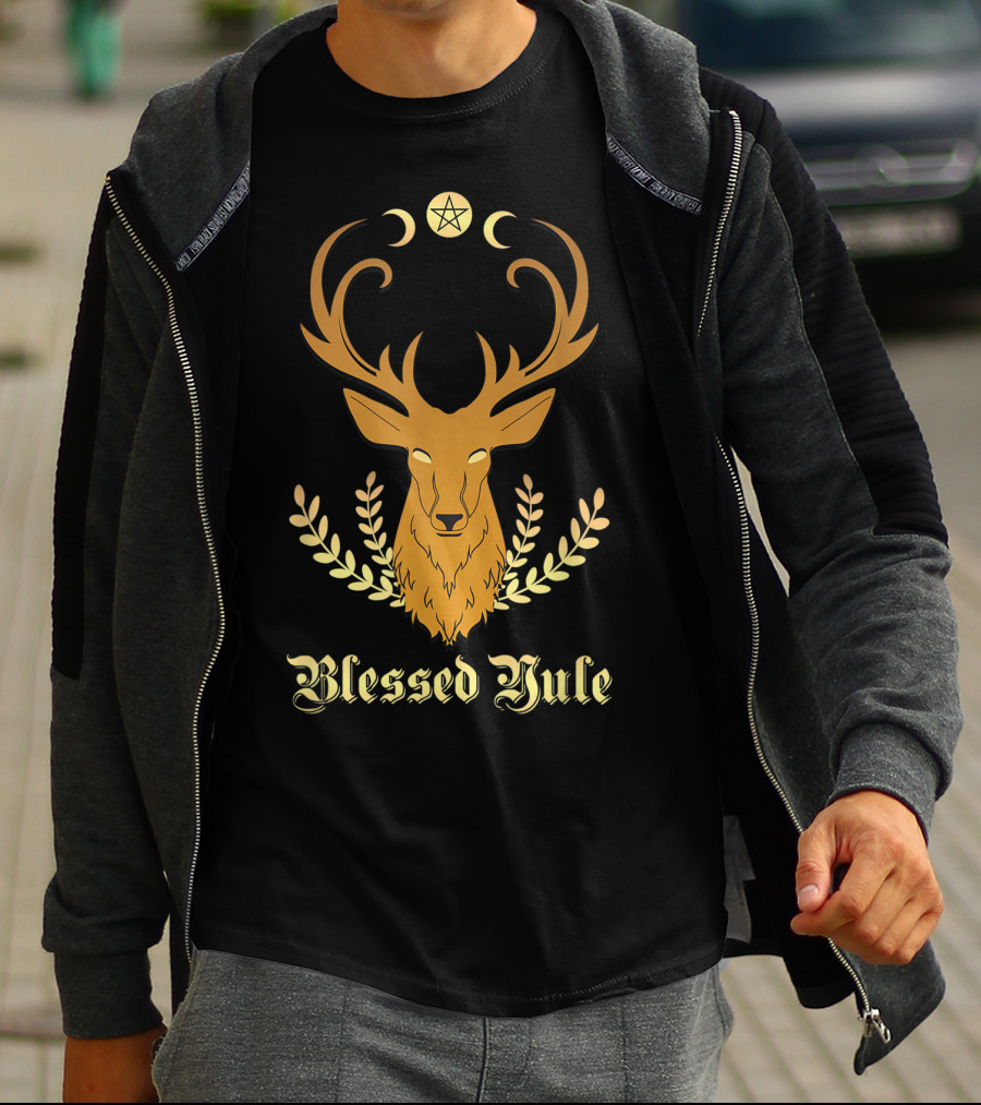 Blessed Yule Christmas Stag Pentacle Triple Moon T-Shirt