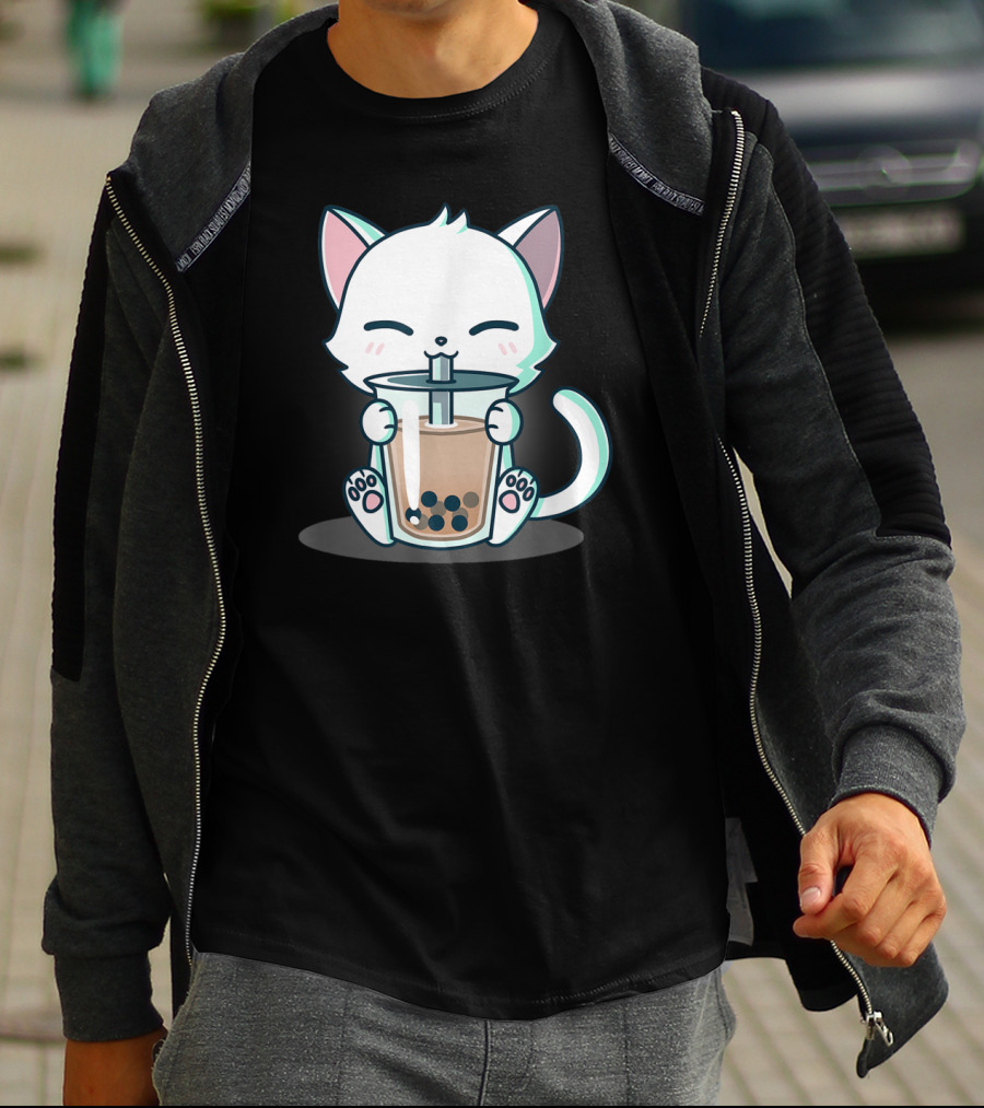 Kawaii Boba Cat Happy Kitten Drinking Bubble Tea Mood T-Shirt