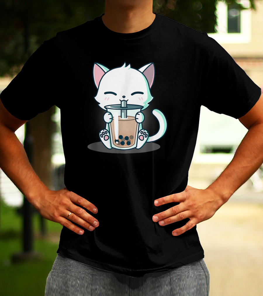 Kawaii Boba Cat Happy Kitten Drinking Bubble Tea Mood T-Shirt