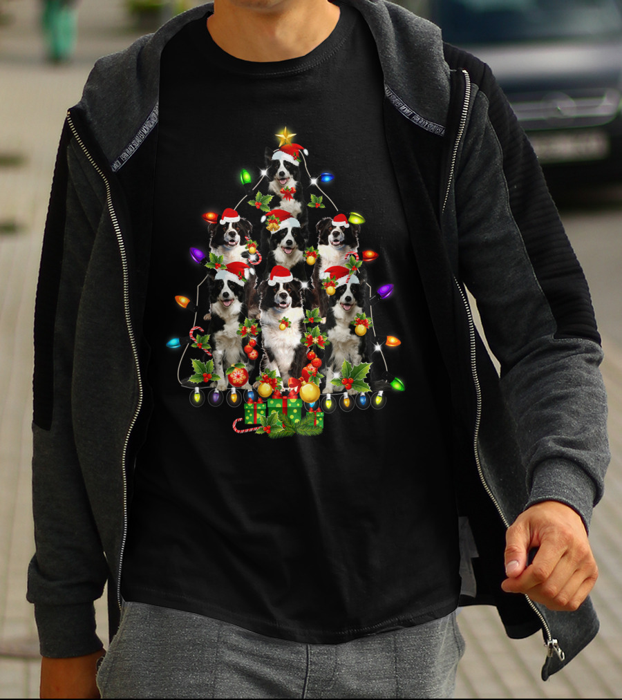 Border Collie Christmas Lights Festive Santa Hat Tree T-Shirt