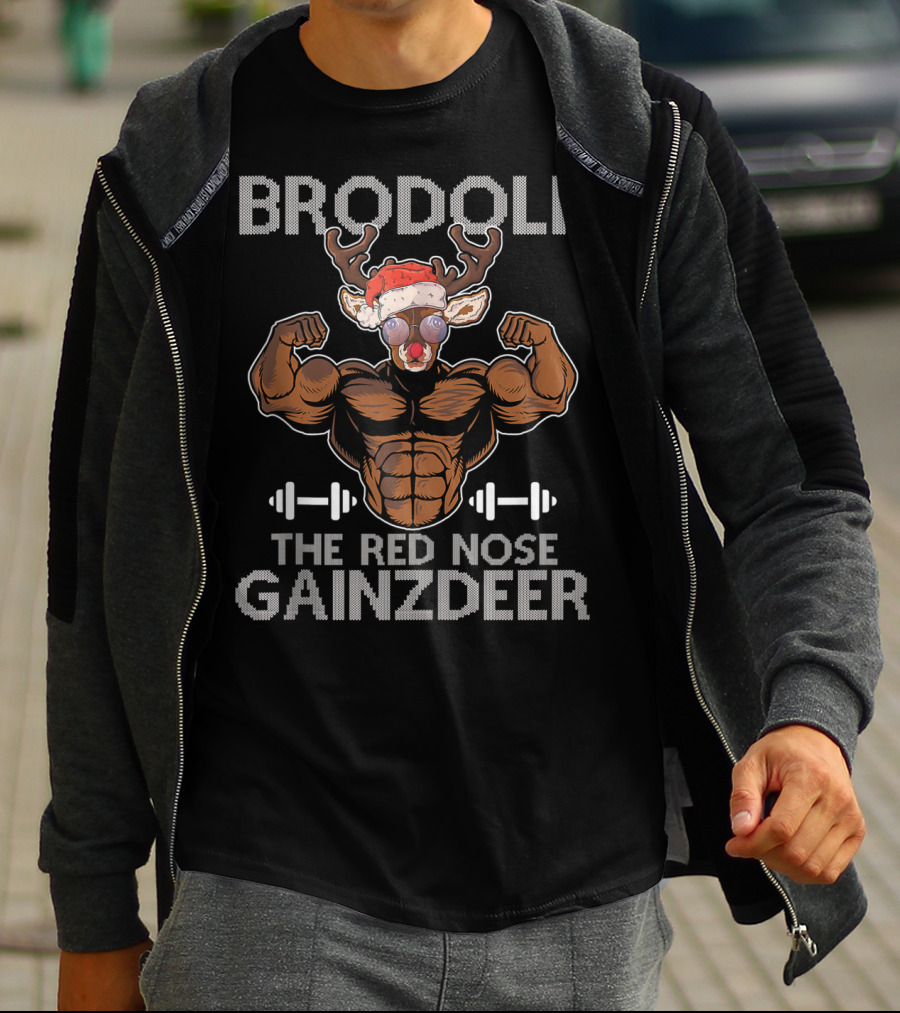 Brodolf The Red Nose Gainzdeer Merry Liftmas Muscle Reindeer Fitness Holiday T-Shirt