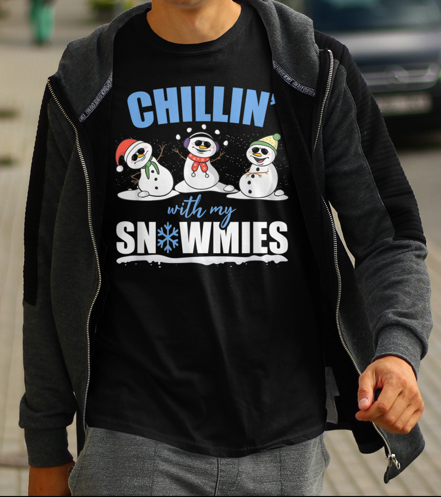 Chillin' With My Snowmies Christmas Snowman Trio In Santa Hats And Scarves T-Shirt