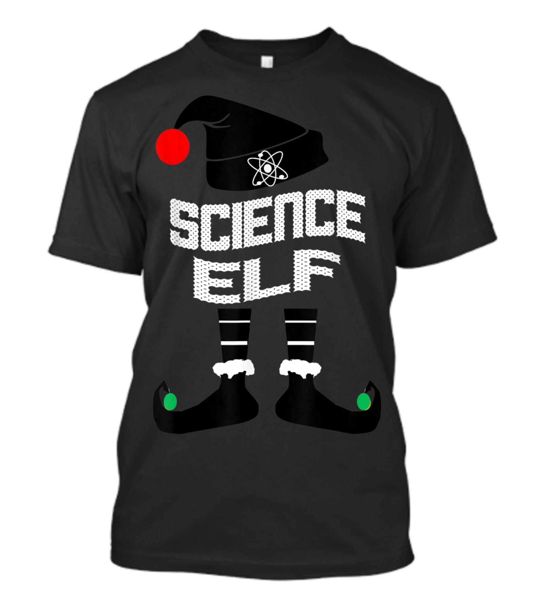 Science Elf Christmas Costume With Atom Hat And Striped Socks T-Shirt