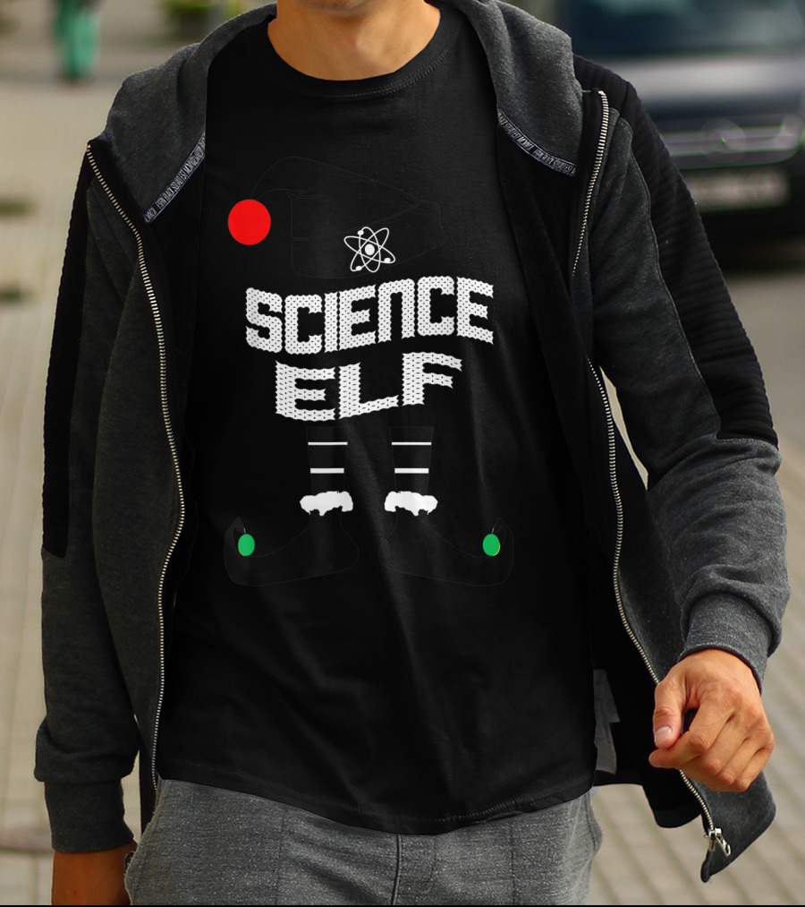 Science Elf Christmas Costume With Atom Hat And Striped Socks T-Shirt