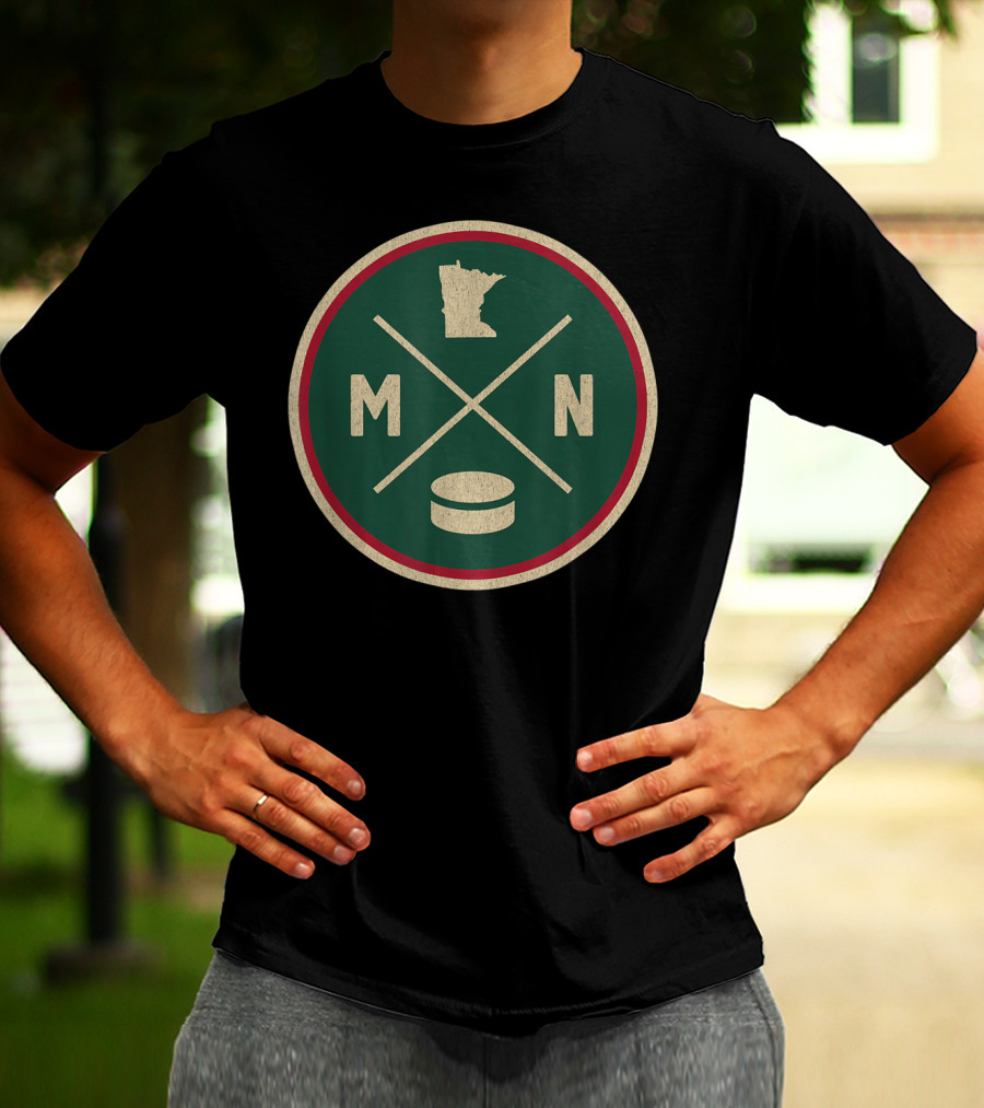 MN Hockey State Outline With Puck And Crossed Sticks Retro T-Shirt