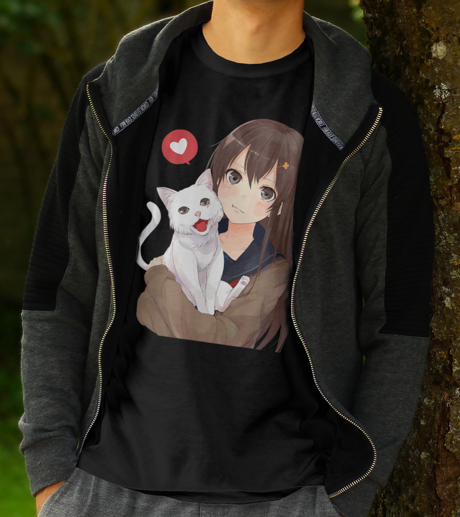 Cute Anime Girl With Adorable White Kitty Cat And Heart T-Shirt