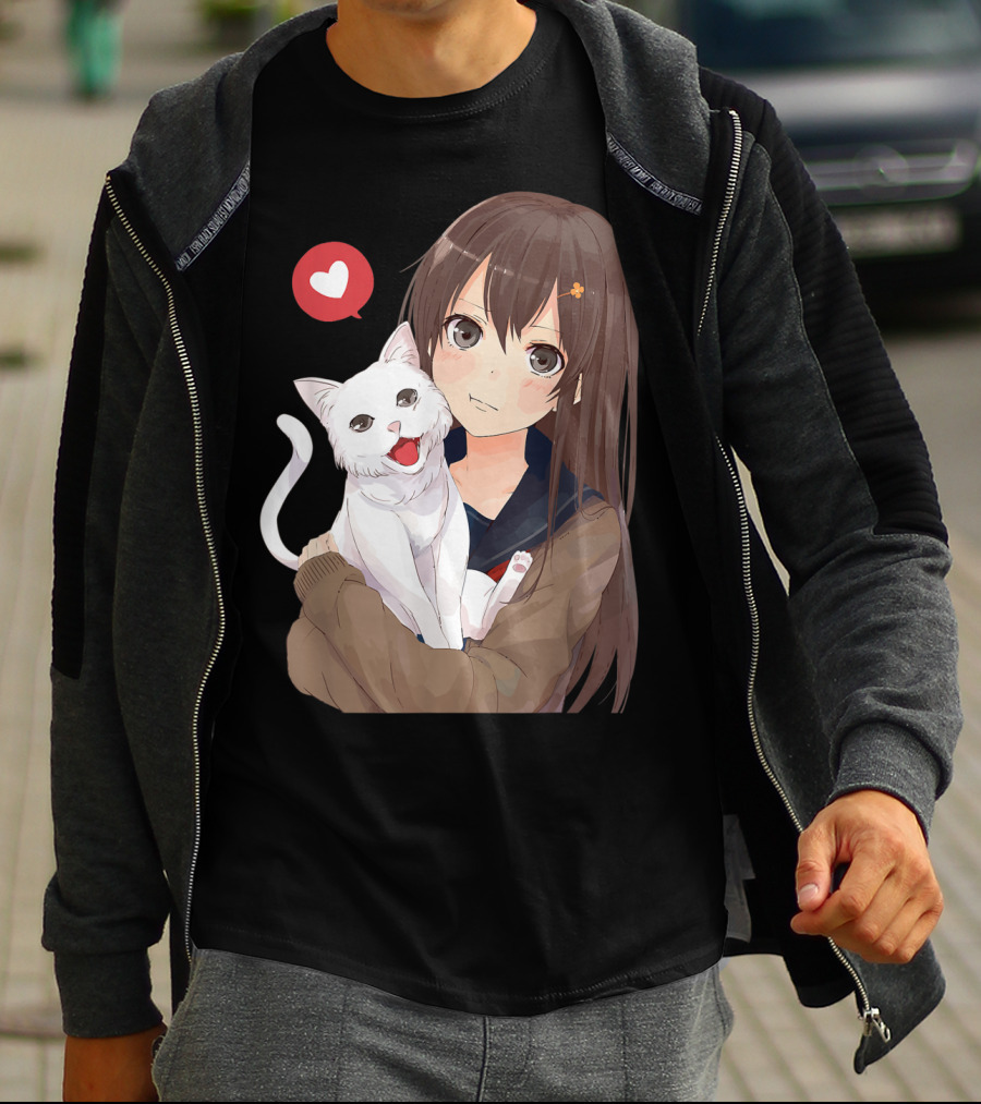 Cute Anime Girl With Adorable White Kitty Cat And Heart T-Shirt