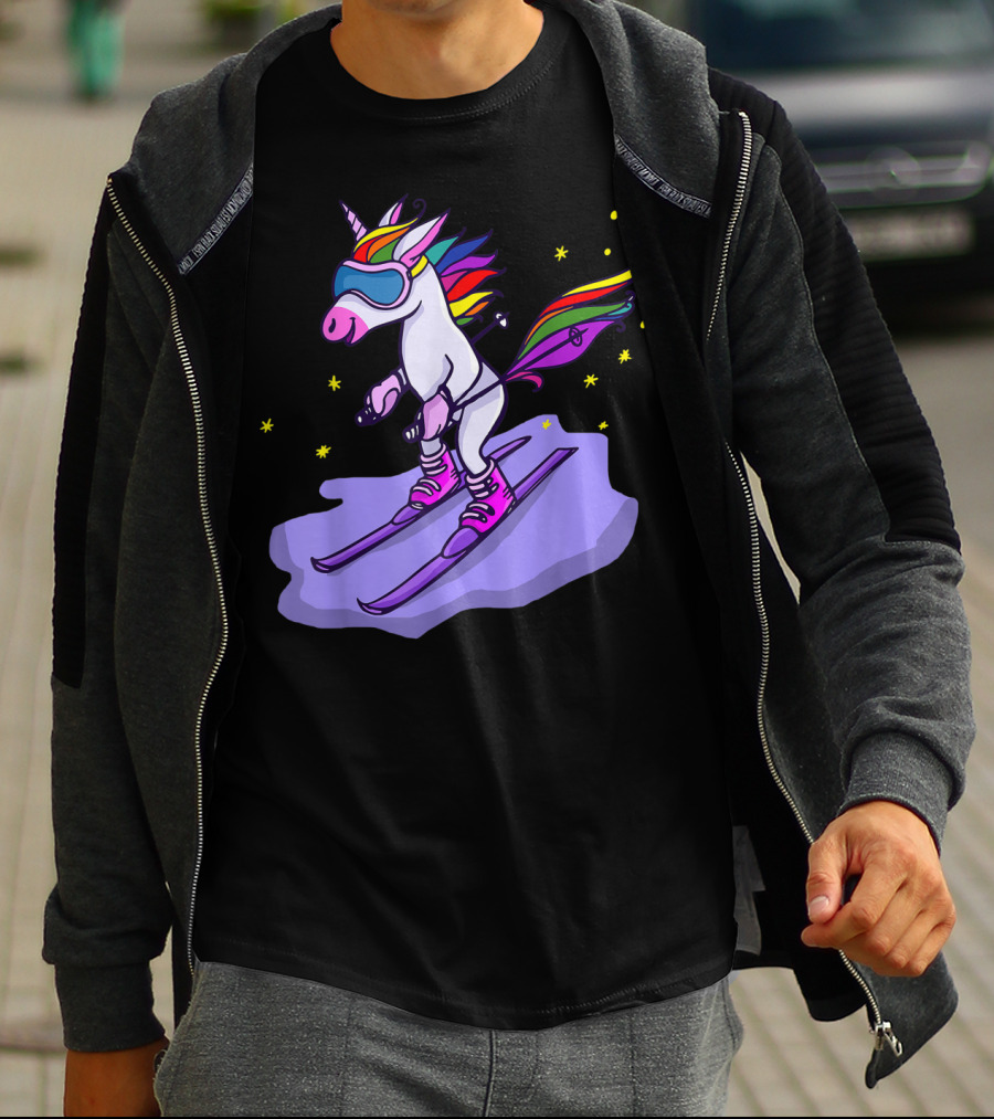 Cute Unicorn Skiing In Rainbow T-Shirt