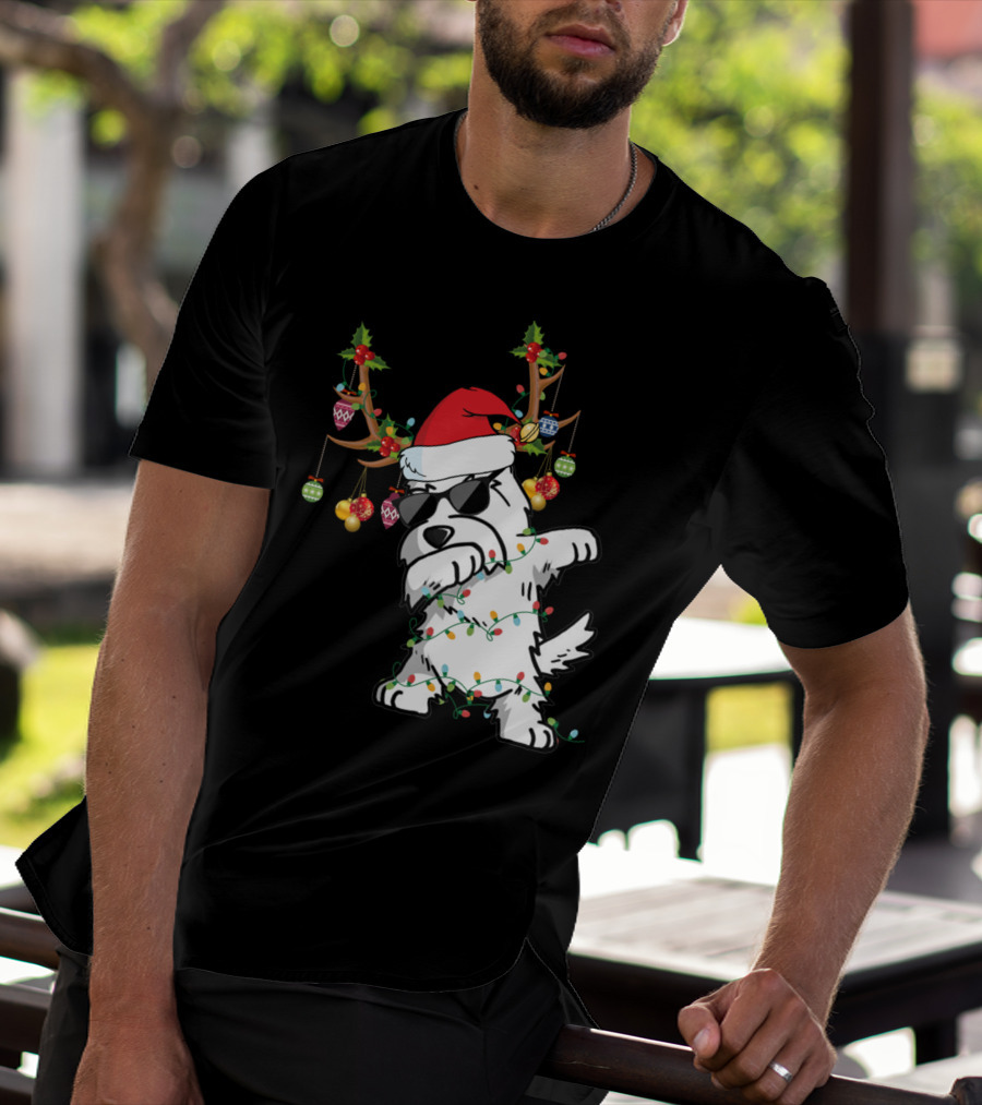 Dabbing Westie Dog Christmas Lights Santa Hat Reindeer Antlers Ornaments T-Shirt