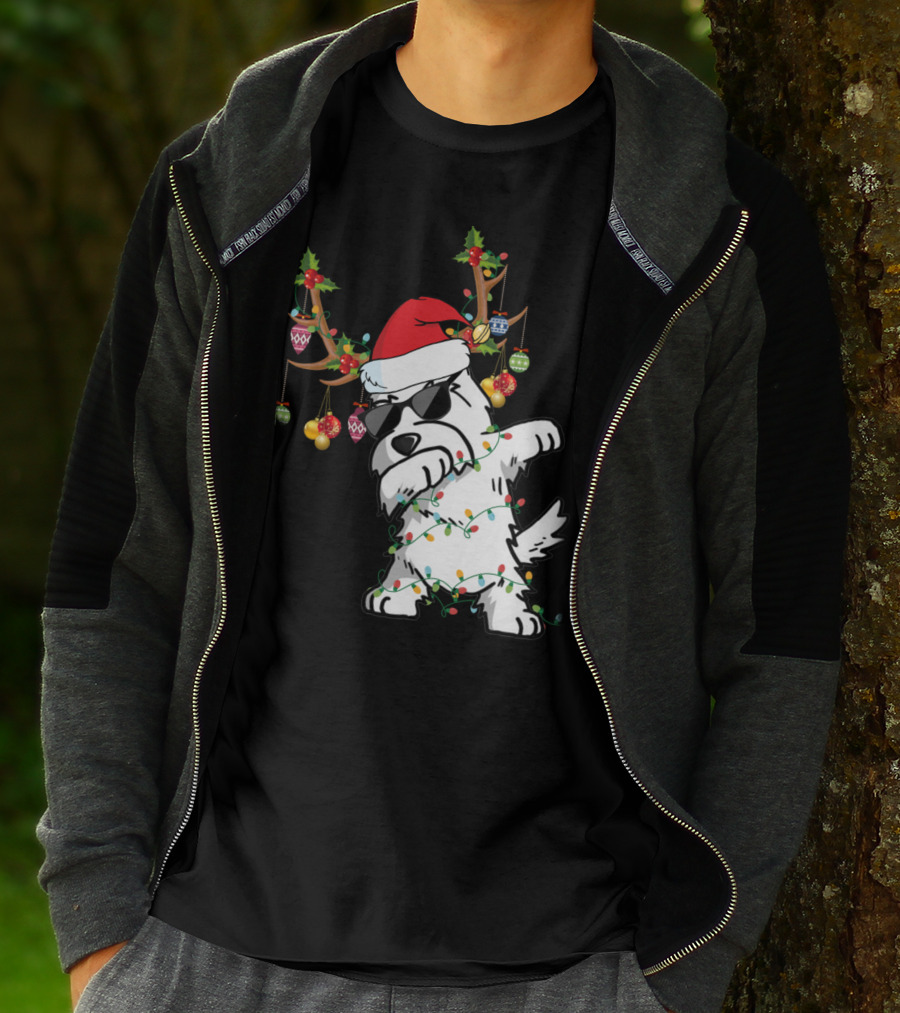Dabbing Westie Dog Christmas Lights Santa Hat Reindeer Antlers Ornaments T-Shirt
