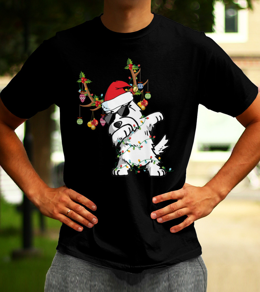 Dabbing Westie Dog Christmas Lights Santa Hat Reindeer Antlers Ornaments T-Shirt