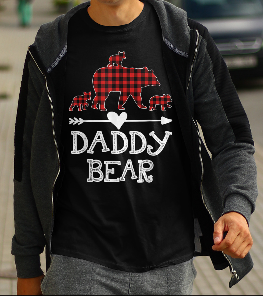 Daddy Bear Red Plaid Three Cubs Arrow Heart T-Shirt