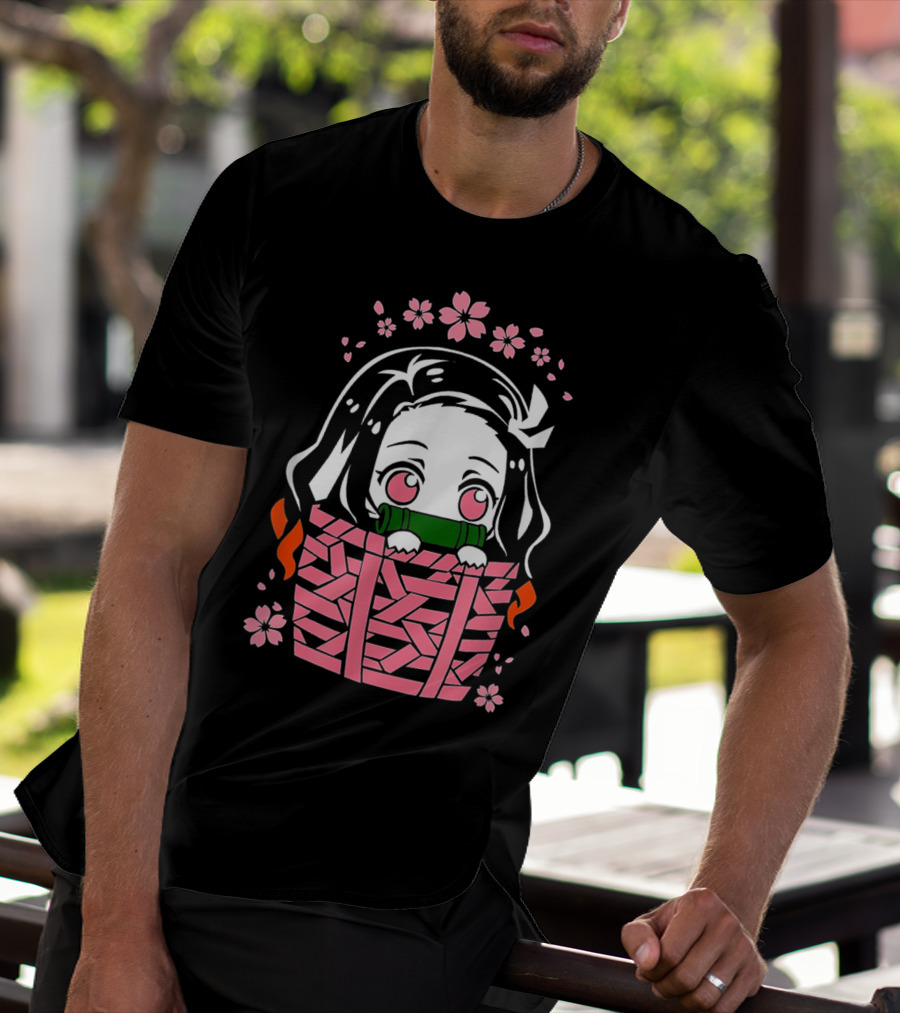 Nezuko Kamado Kawaii Chibi With Bamboo Mouthpiece And Cherry Blossoms Demon Slayer Anime T-Shirt