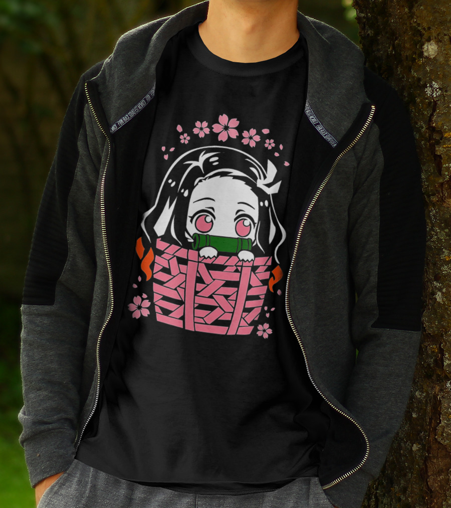 Nezuko Kamado Kawaii Chibi With Bamboo Mouthpiece And Cherry Blossoms Demon Slayer Anime T-Shirt