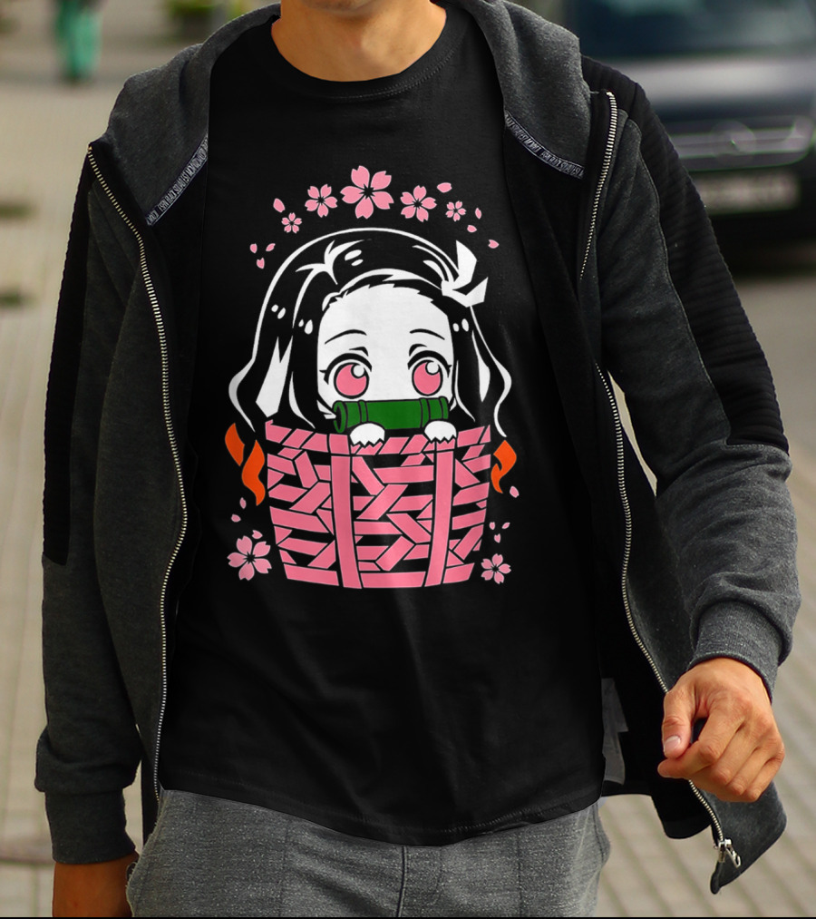 Nezuko Kamado Kawaii Chibi With Bamboo Mouthpiece And Cherry Blossoms Demon Slayer Anime T-Shirt