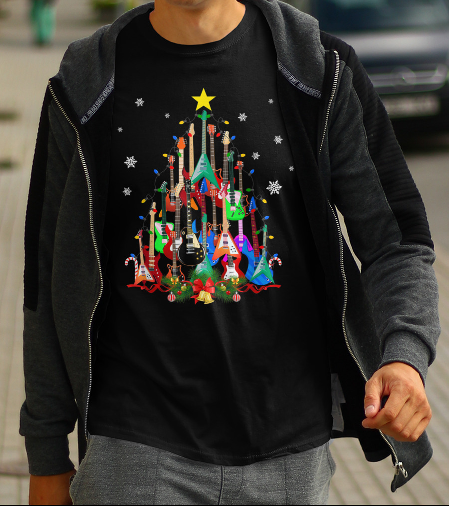 Mens Womens Guitar Christmas Tree Star Candy Canes Snowflakes Holiday Lights T-Shirt