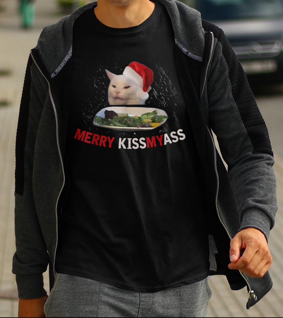 Merry Kissmyass Smudge Cat Funny Xmas Family Santa Hat T-Shirt