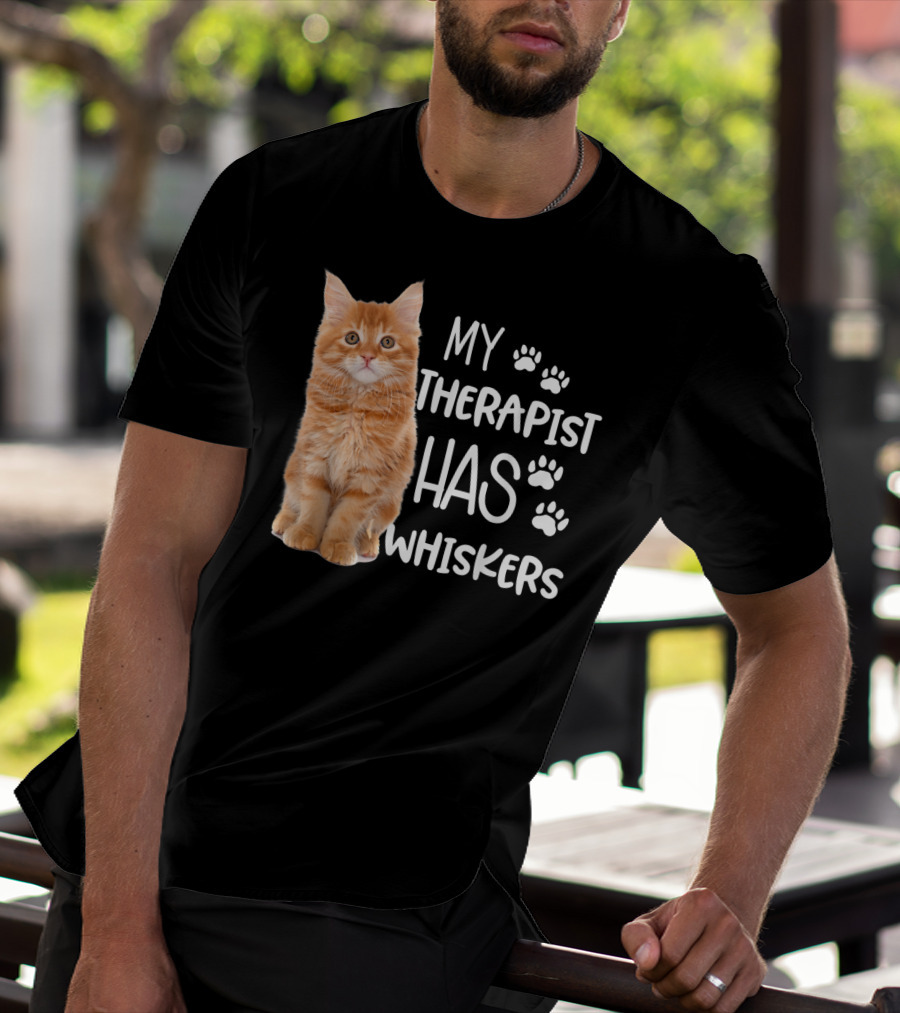 My Therapist Has Whiskers Funny Cat Lovers With Paw Prints And Orange Kitten T-Shirt
