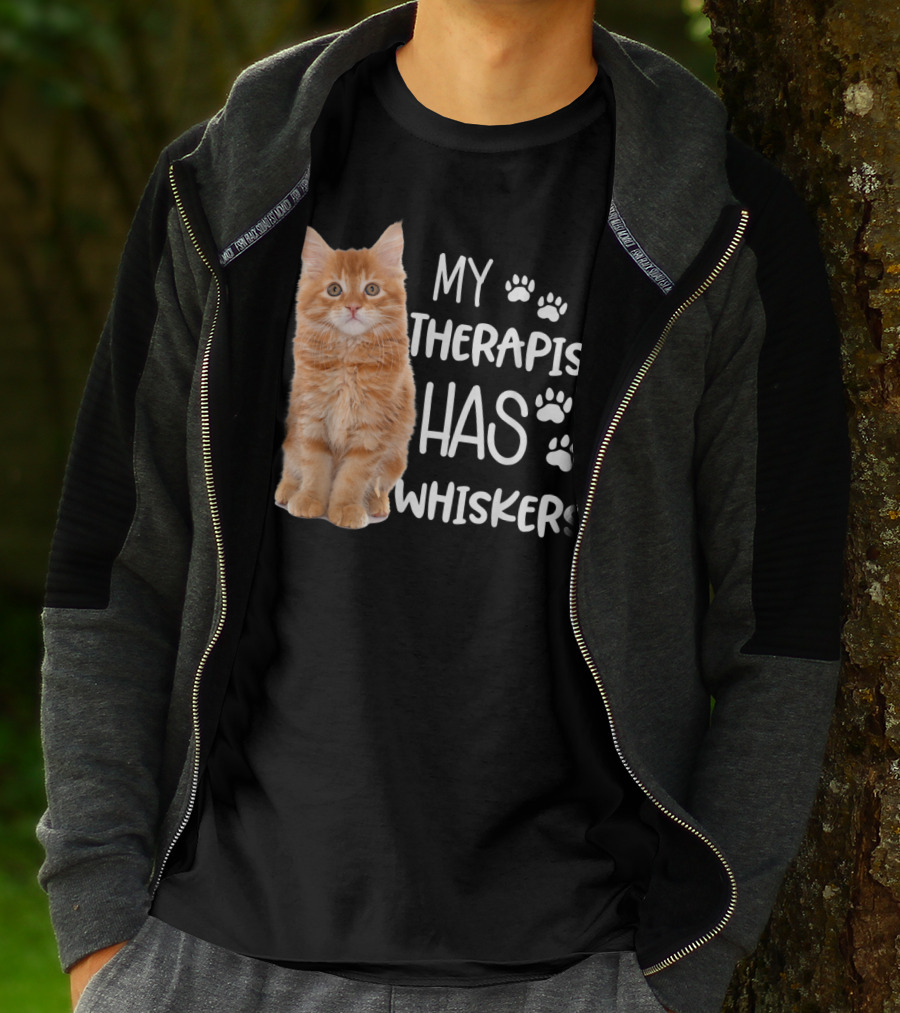 My Therapist Has Whiskers Funny Cat Lovers With Paw Prints And Orange Kitten T-Shirt