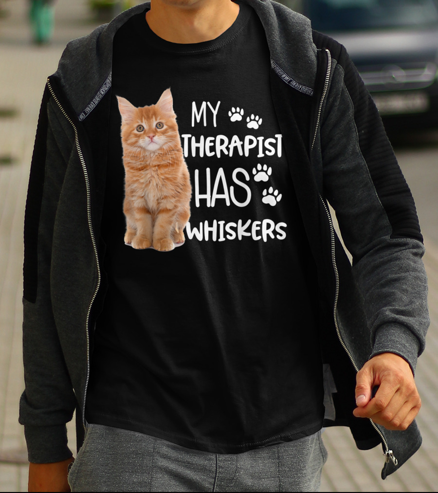 My Therapist Has Whiskers Funny Cat Lovers With Paw Prints And Orange Kitten T-Shirt