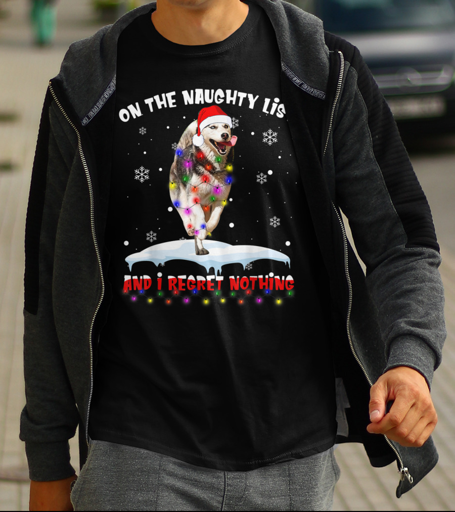 On The Naughty List And I Regret Nothing Husky In Santa Hat With Christmas Lights And Snowflakes T-Shirt