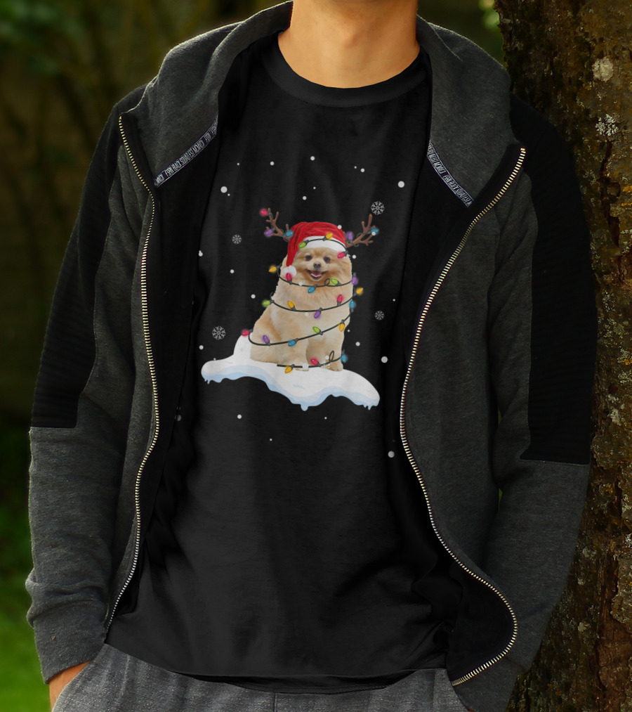 Pomeranian Santa Hat Wrapped In Christmas Lights With Reindeer Antlers And Snowflakes T-Shirt