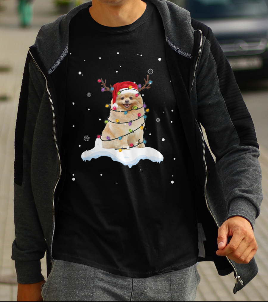 Pomeranian Santa Hat Wrapped In Christmas Lights With Reindeer Antlers And Snowflakes T-Shirt