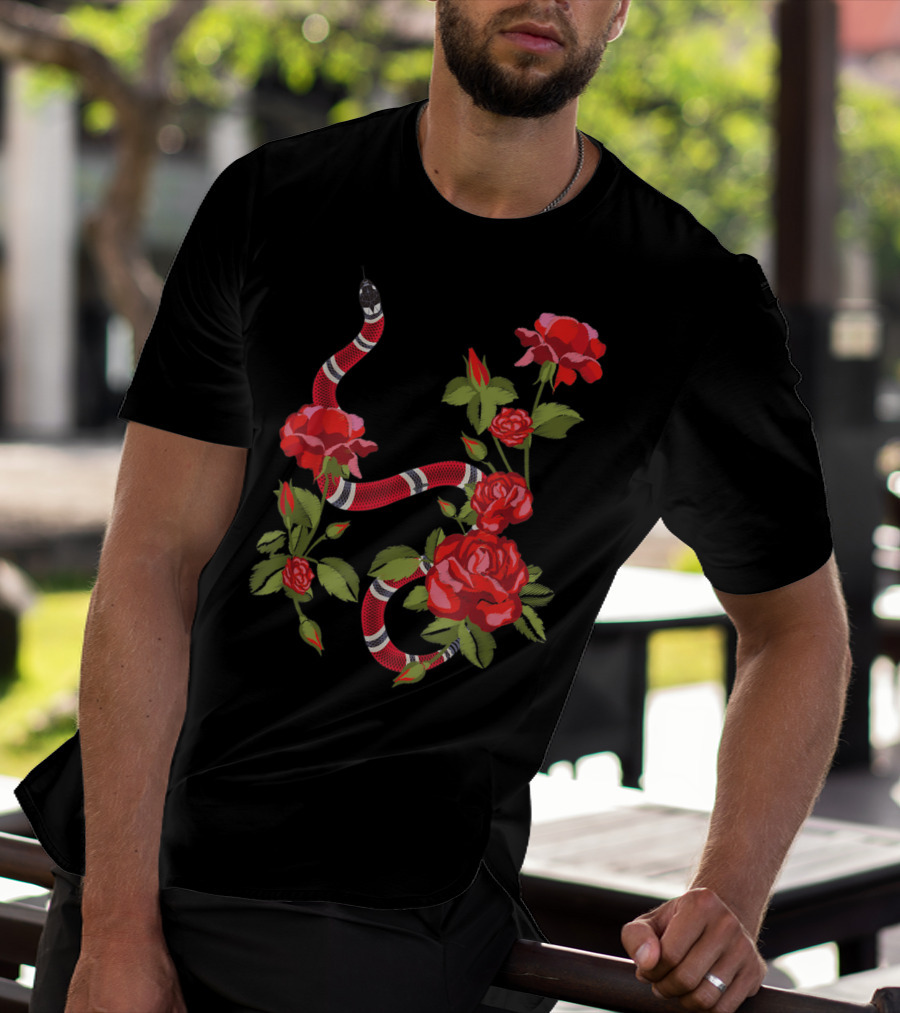 Royal Striped Snake And Flower Red Roses Botanical T-Shirt