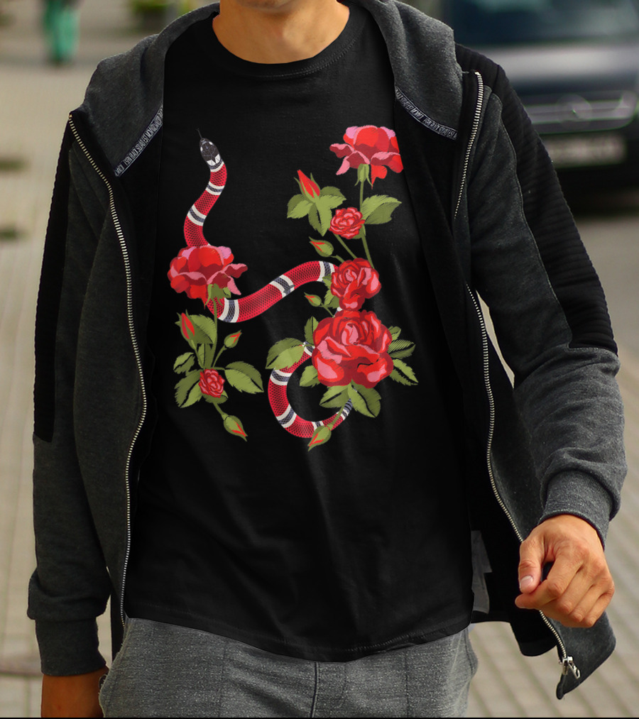 Royal Striped Snake And Flower Red Roses Botanical T-Shirt