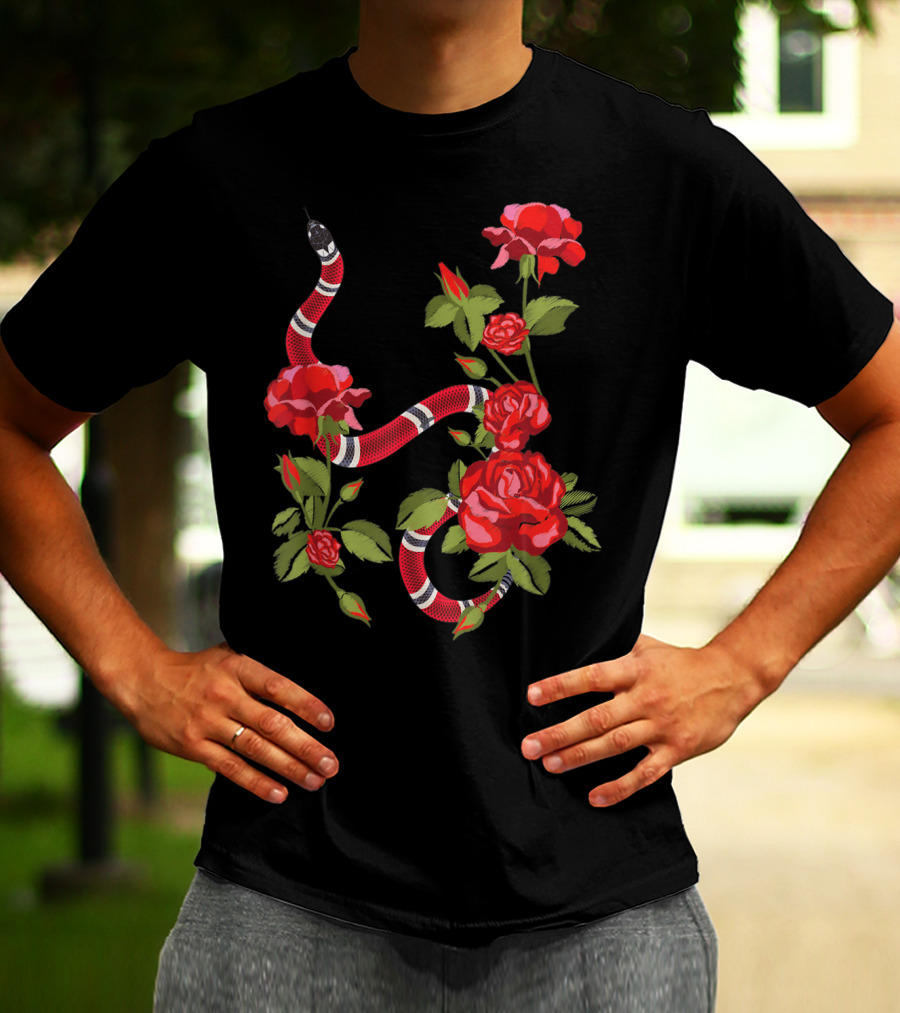 Royal Striped Snake And Flower Red Roses Botanical T-Shirt