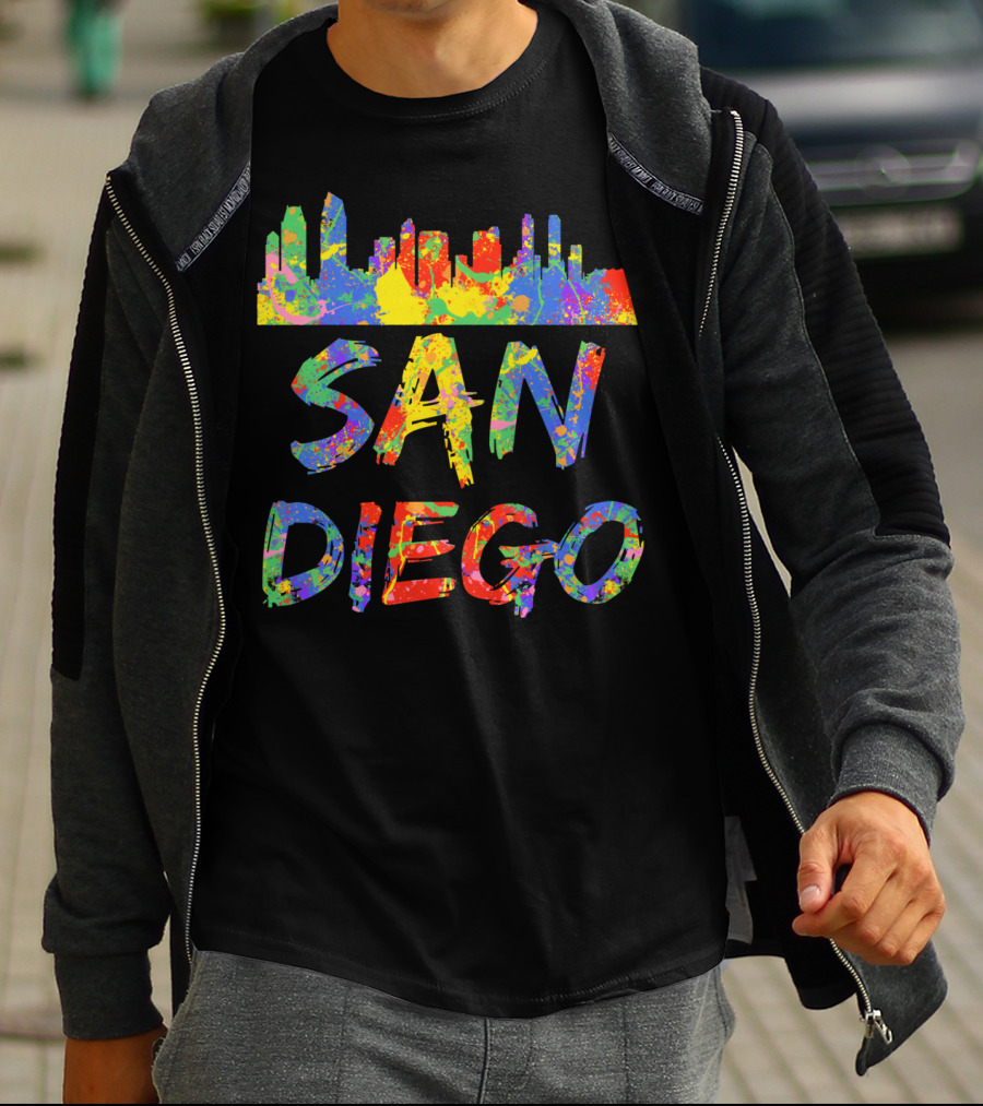 San Diego Rainbow Skyline Cali City Vibrant Text T-Shirt