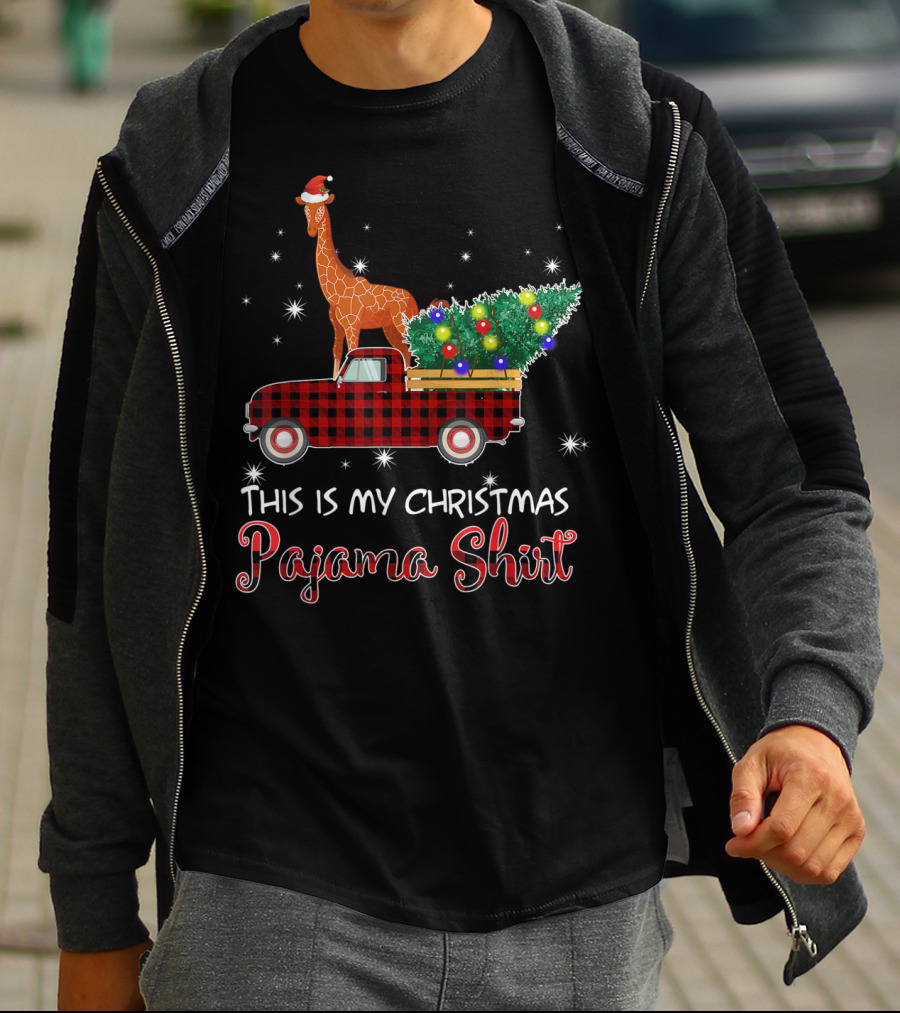 Santa Giraffe Riding Red Truck This Is My Christmas Pajama T-Shirt