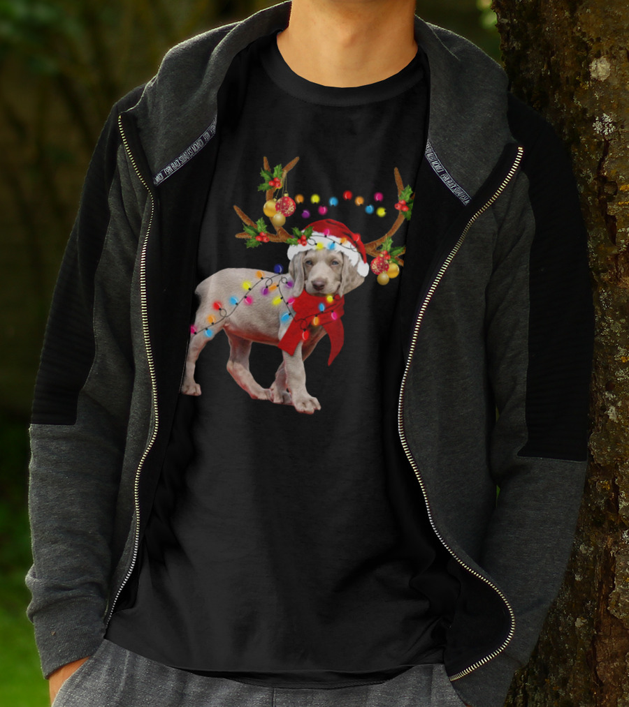 Santa Weimaraner Reindeer Christmas Lights T-Shirt