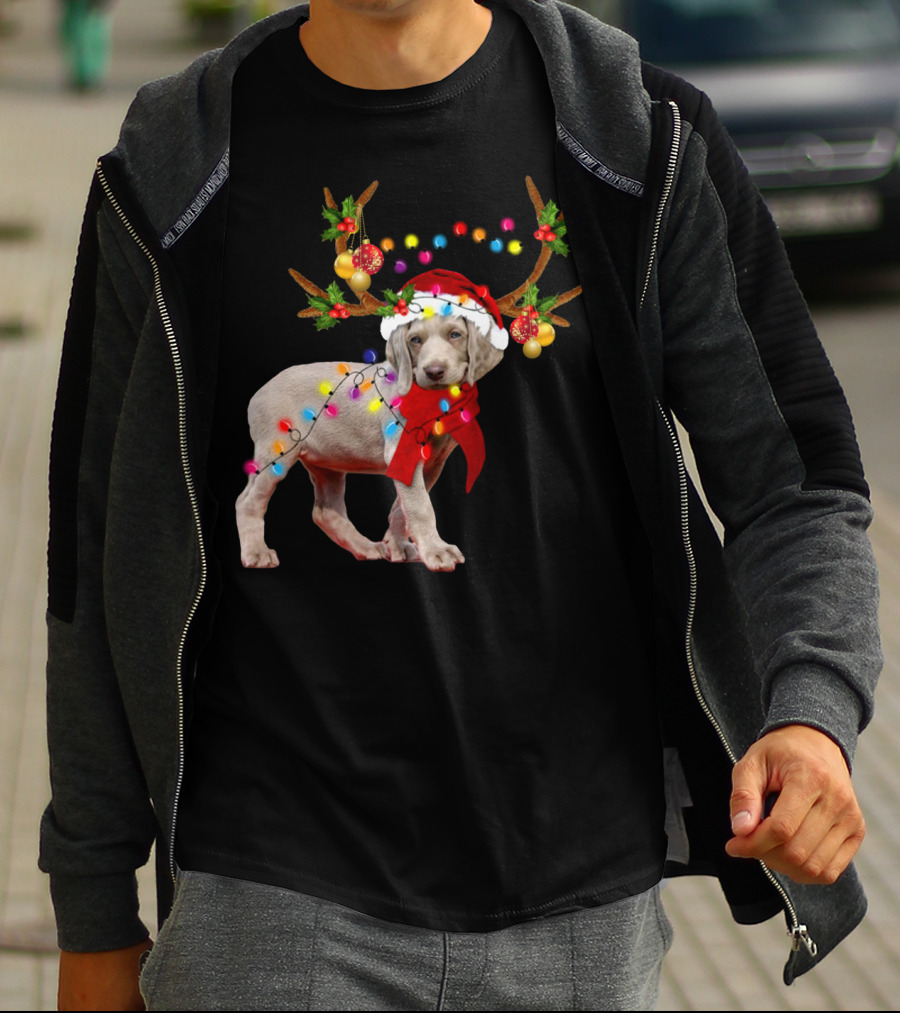 Santa Weimaraner Reindeer Christmas Lights T-Shirt