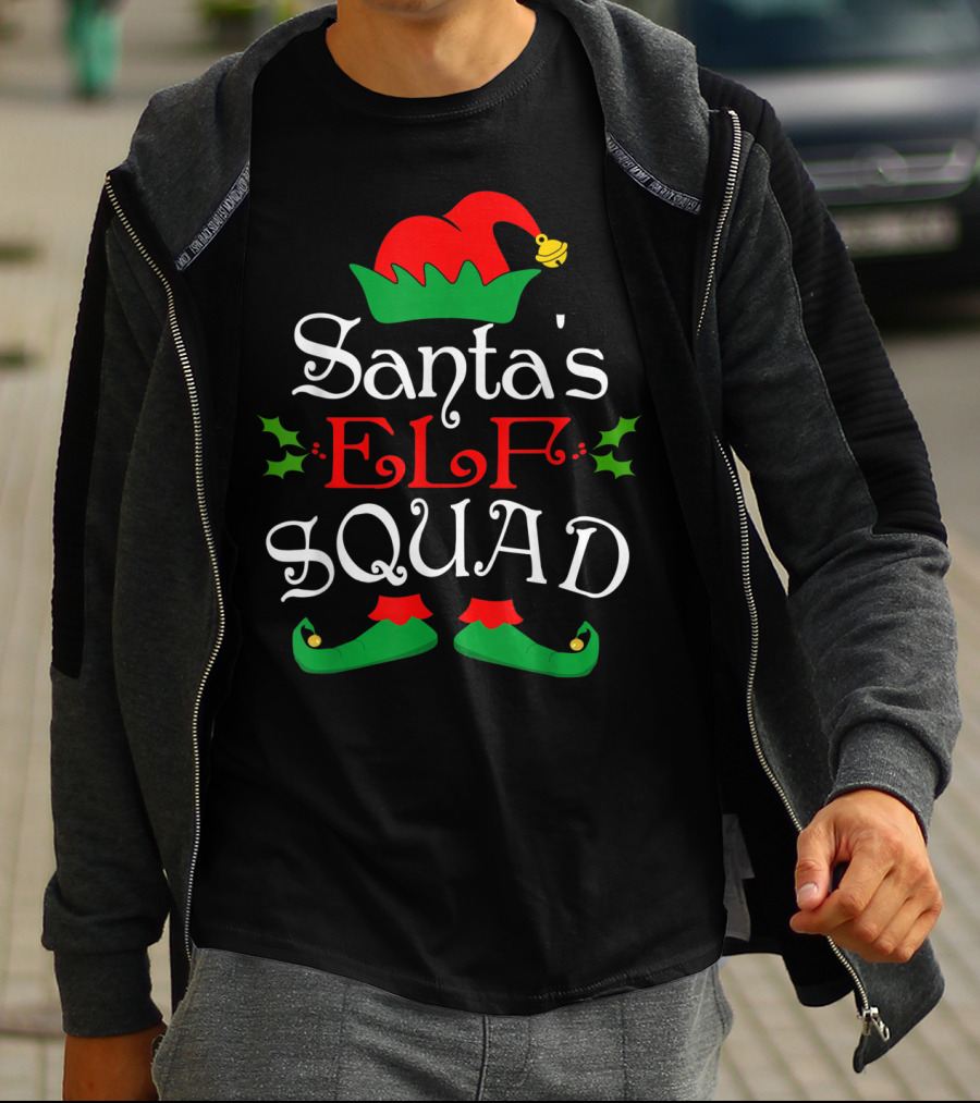 Santa's Elf Squad Christmas Elves Festive Holiday Team With Holly And Elf Hat T-Shirt