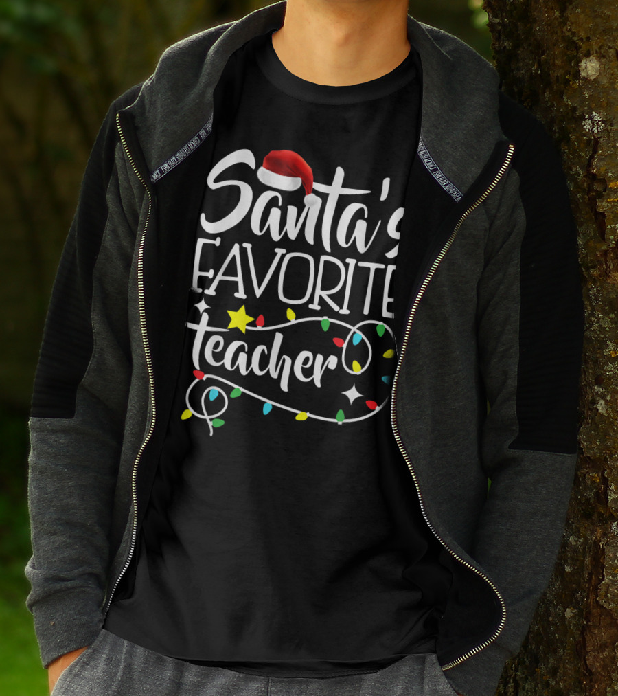 Santa's Favorite Teacher Christmas Lights With Santa Hat Stars And Colorful Bulbs T-Shirt