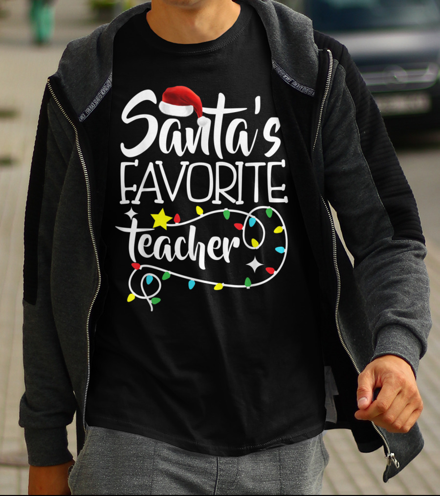 Santa's Favorite Teacher Christmas Lights With Santa Hat Stars And Colorful Bulbs T-Shirt