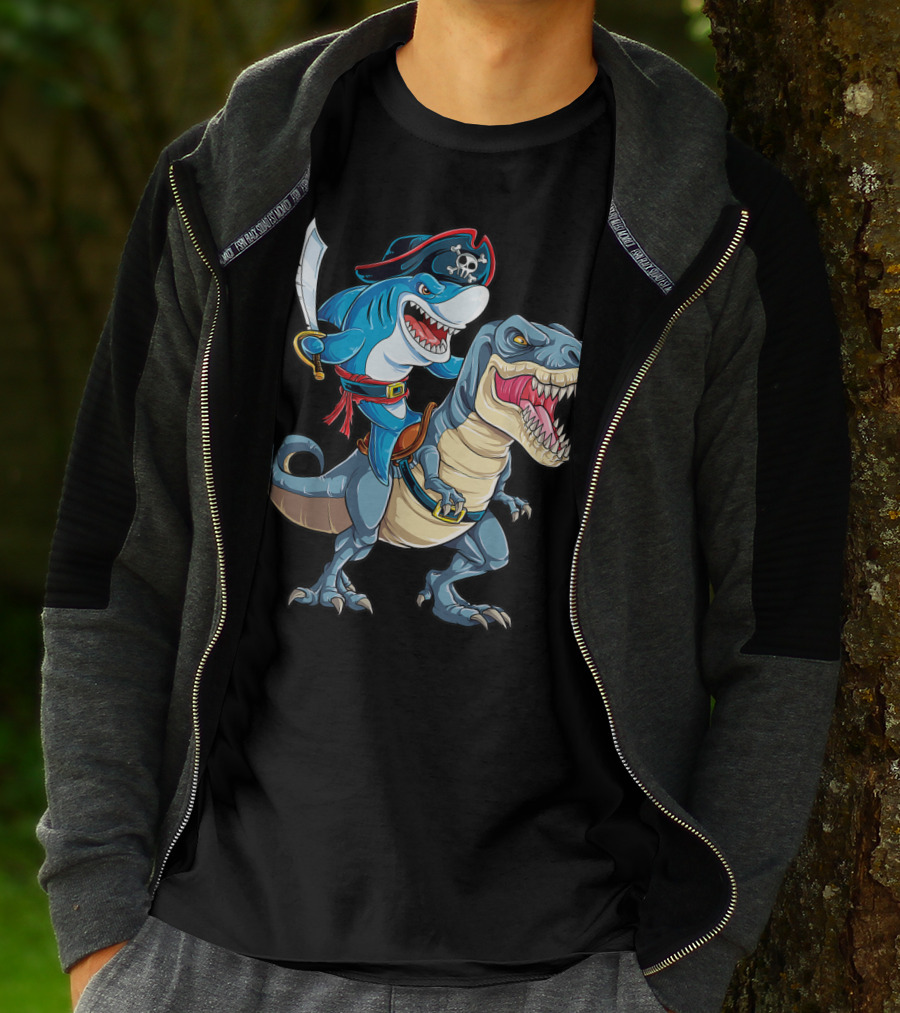 Shark Pirate Riding Dinosaur Rex Jawsome Adventure T-Shirt