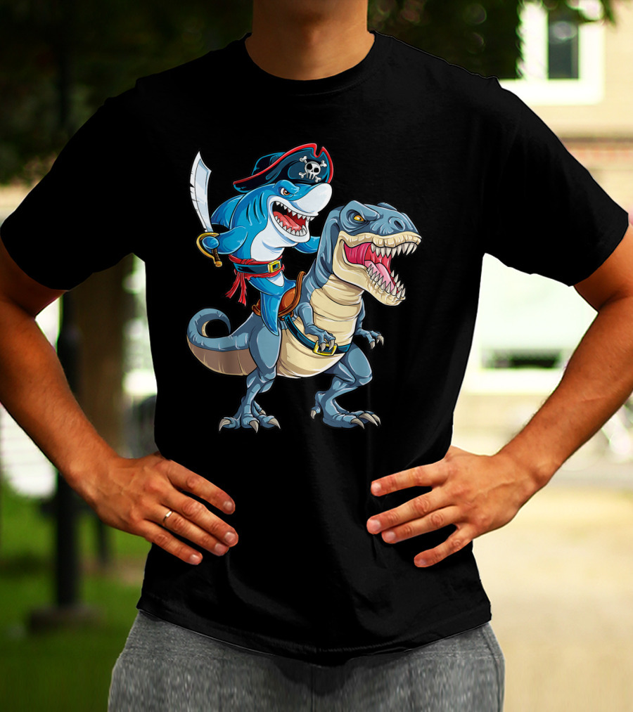 Shark Pirate Riding Dinosaur Rex Jawsome Adventure T-Shirt