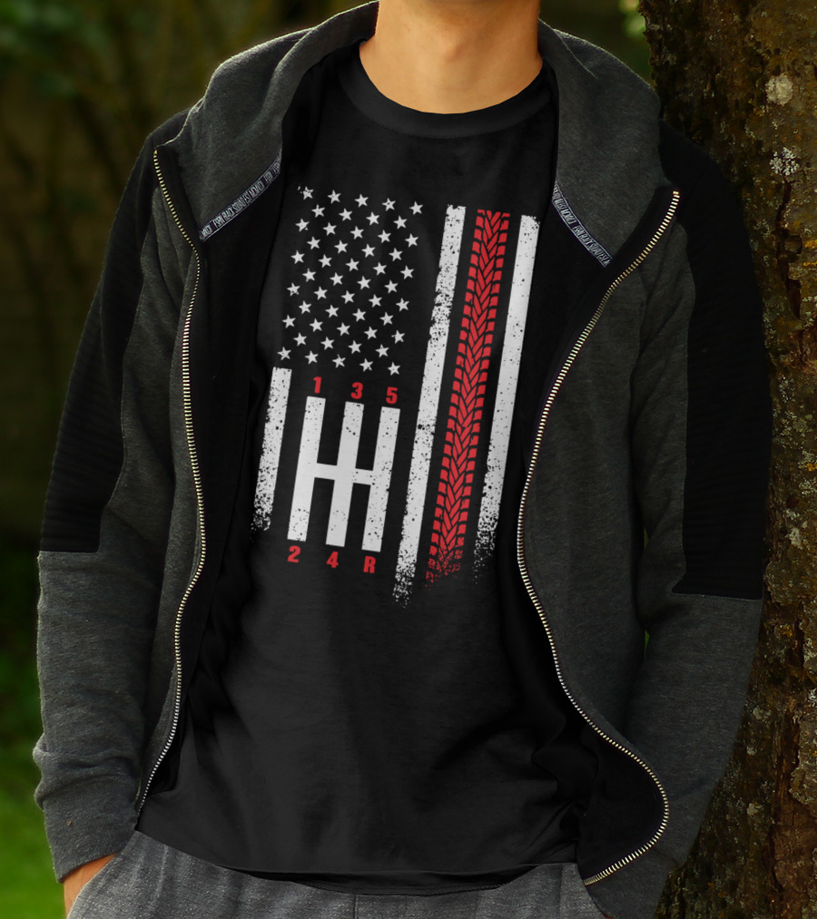 Shift Mechanic Gears American Flag Racing Tire Tracks T-Shirt