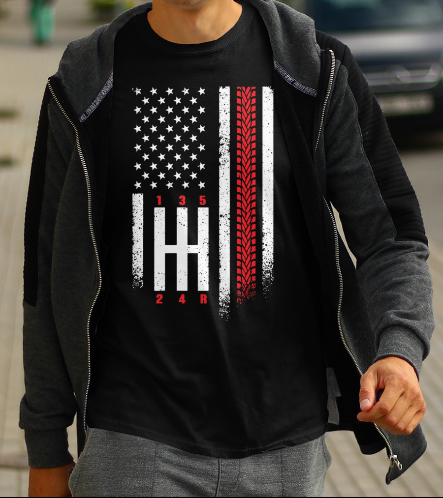 Shift Mechanic Gears American Flag Racing Tire Tracks T-Shirt