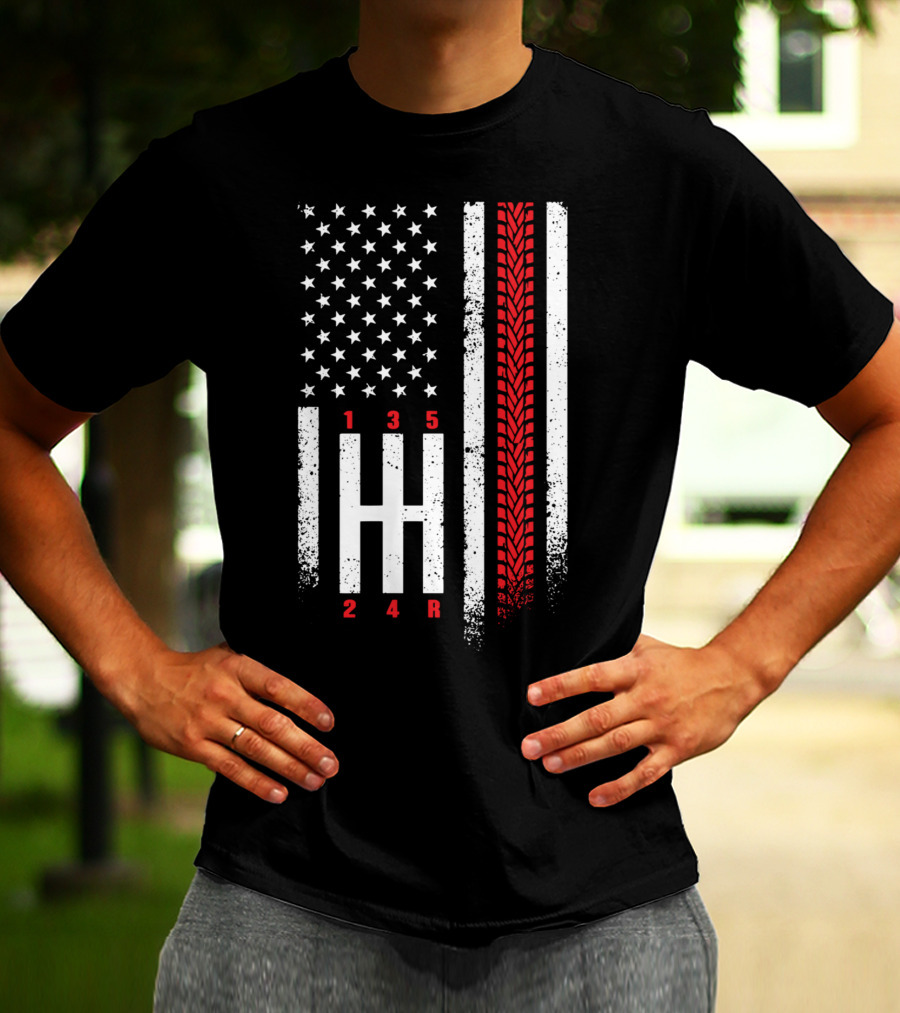 Shift Mechanic Gears American Flag Racing Tire Tracks T-Shirt