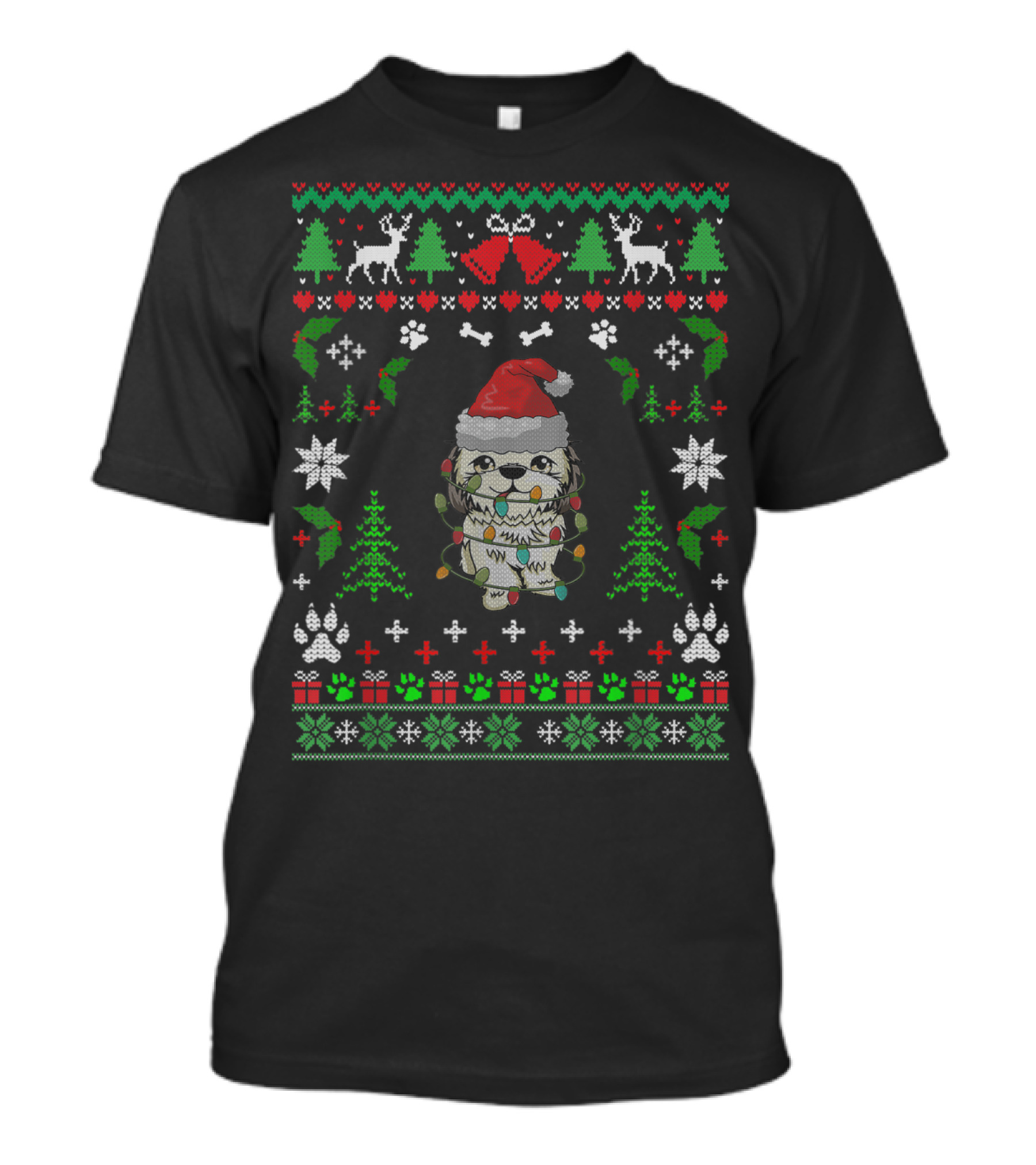 Shitzu Christmas Reindeer Santa Hat Ugly T-Shirt