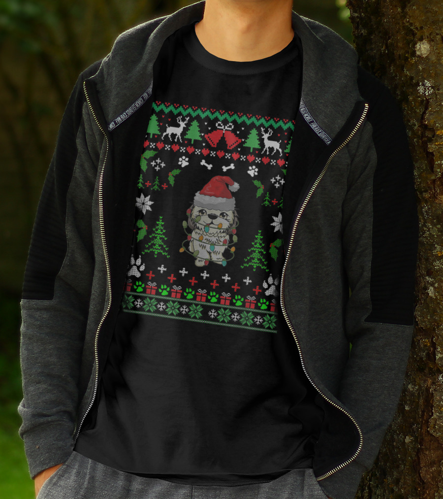 Shitzu Christmas Reindeer Santa Hat Ugly T-Shirt